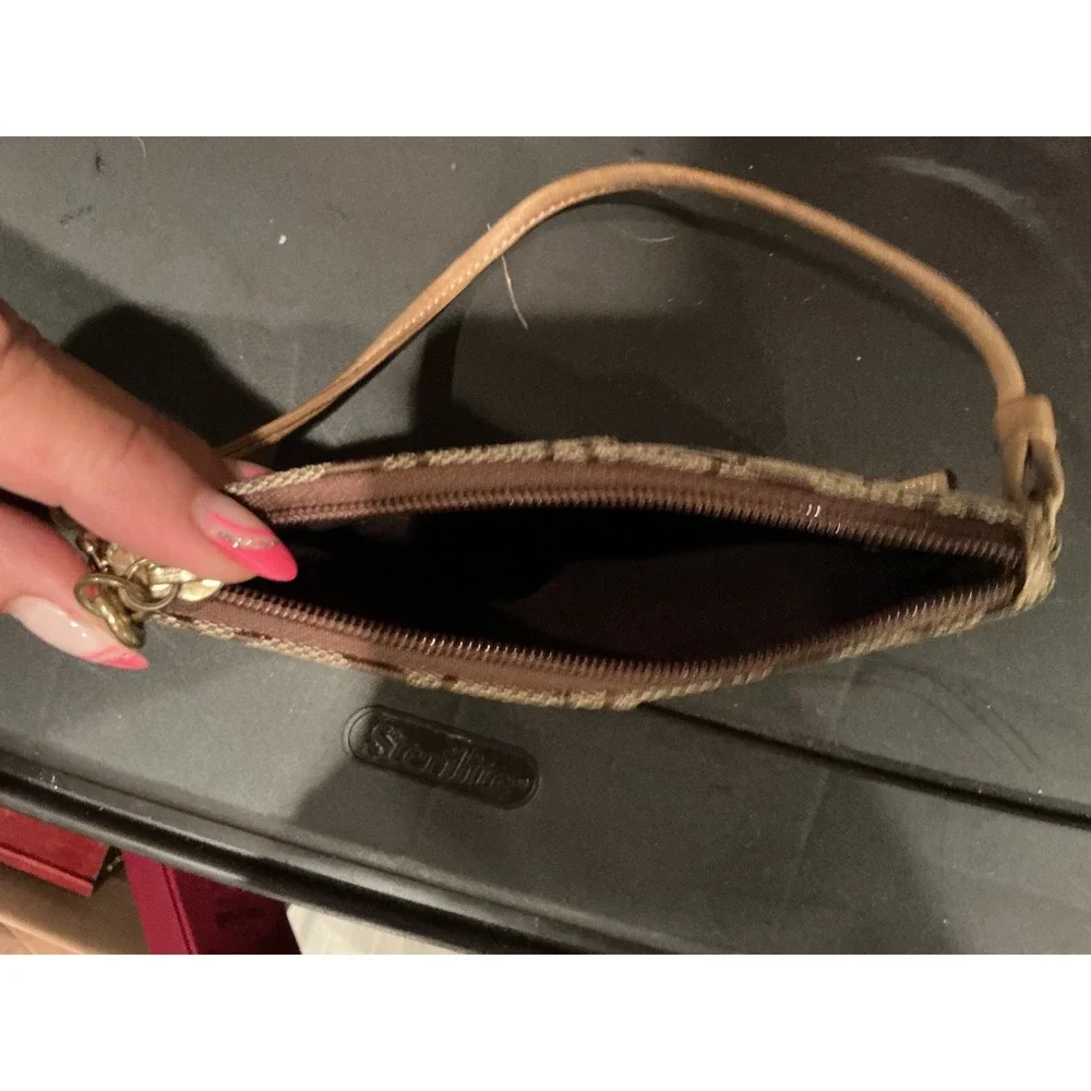 VTG Coach Signature Jacquard Wristlet Khaki Tan Leather Trim Monogram Small YKK
